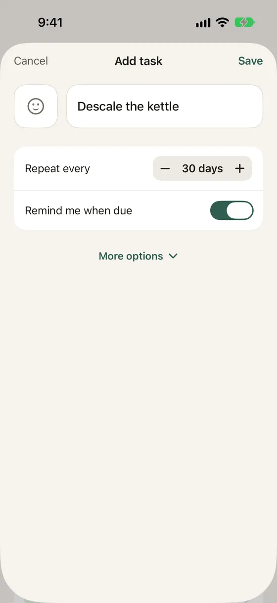 The Add task form with the name Descale the kettle, Repeat every 30 days and Remind me when due switched on