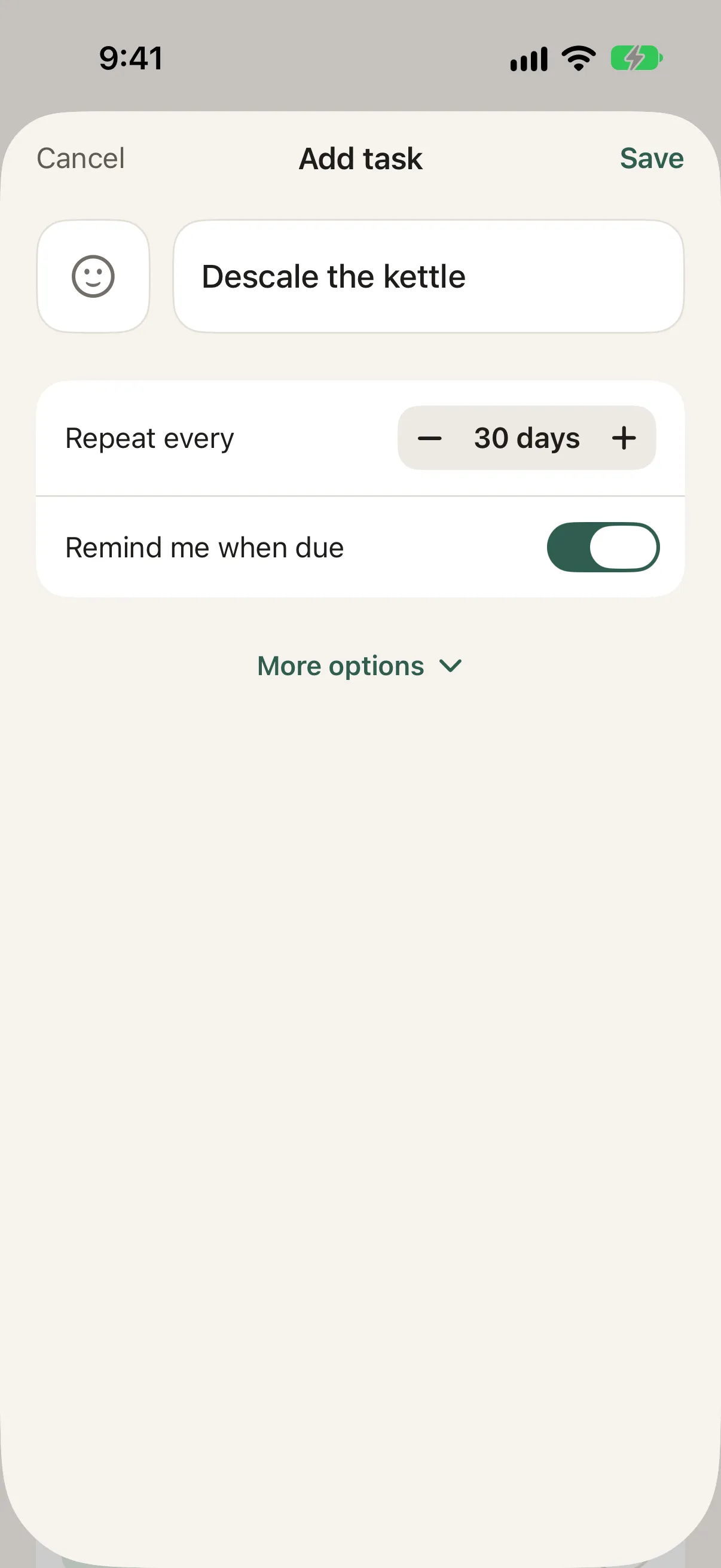 The Add task form with the name Descale the kettle, Repeat every 30 days and Remind me when due switched on