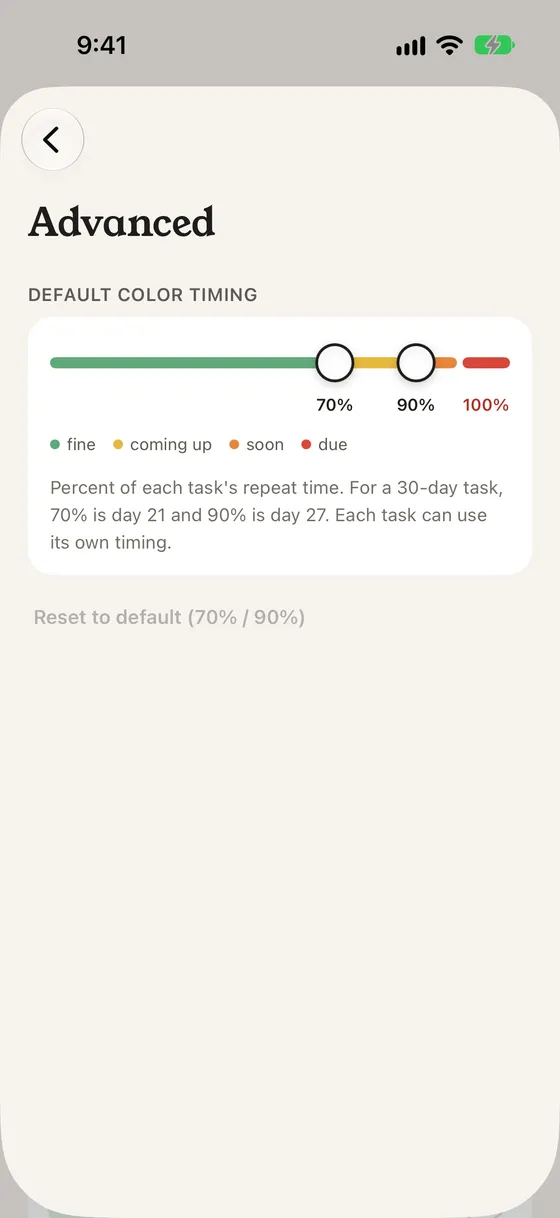 Advanced settings: the default color timing slider at 70% and 90%