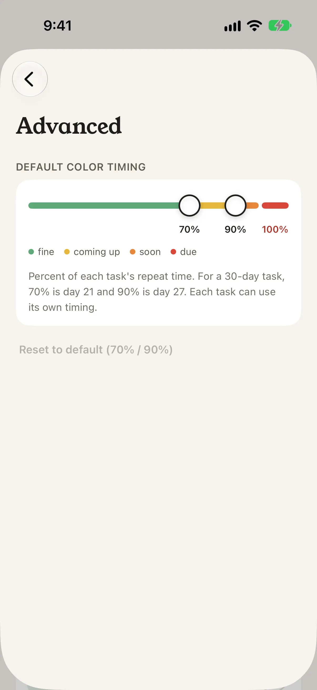 Advanced settings: the default color timing slider at 70% and 90%