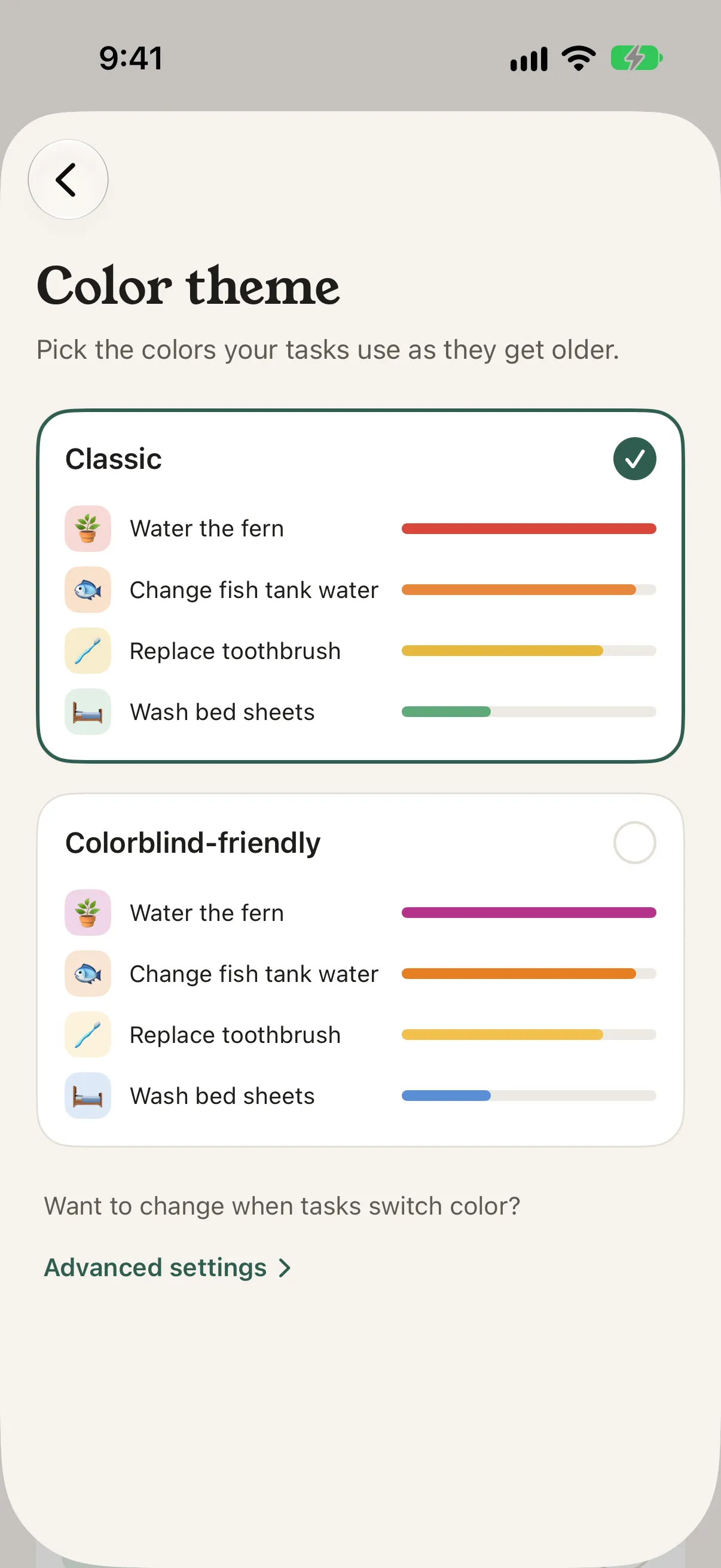 The Color theme screen with the Classic and Colorblind-friendly themes
