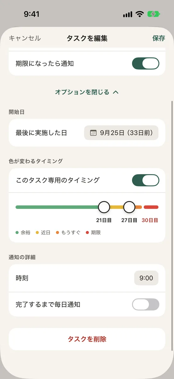 編集画面の色が変わるタイミングのスライダー。マーカーは21日目と27日目、期限は30日目