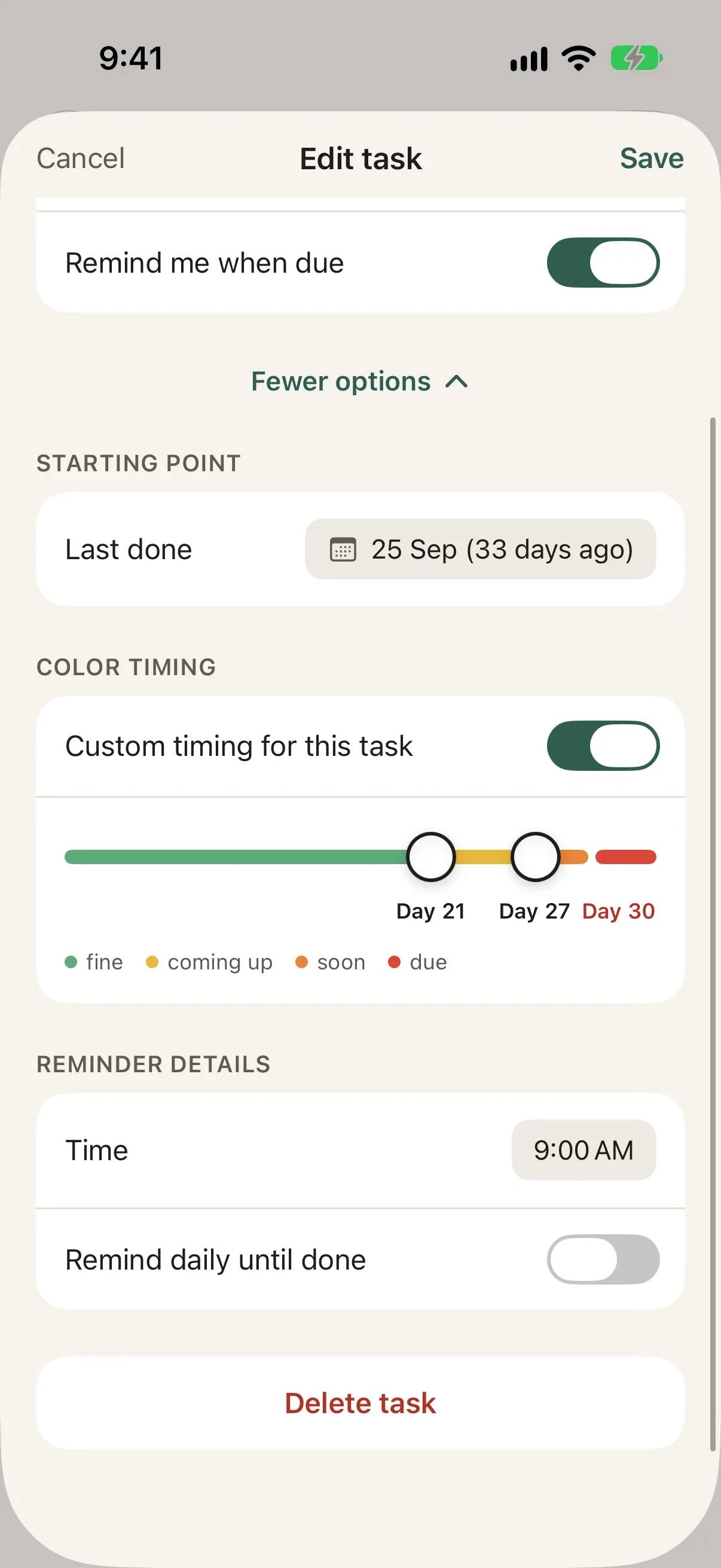 The color timing slider in the Edit task form: markers at day 21 and day 27, due on day 30