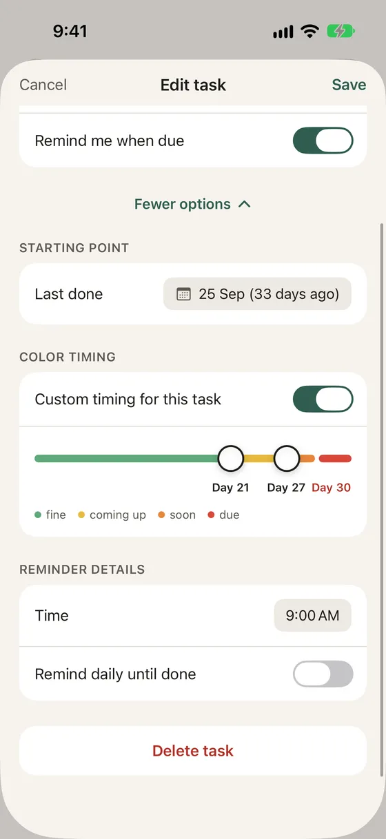 The color timing slider in the Edit task form: markers at day 21 and day 27, due on day 30