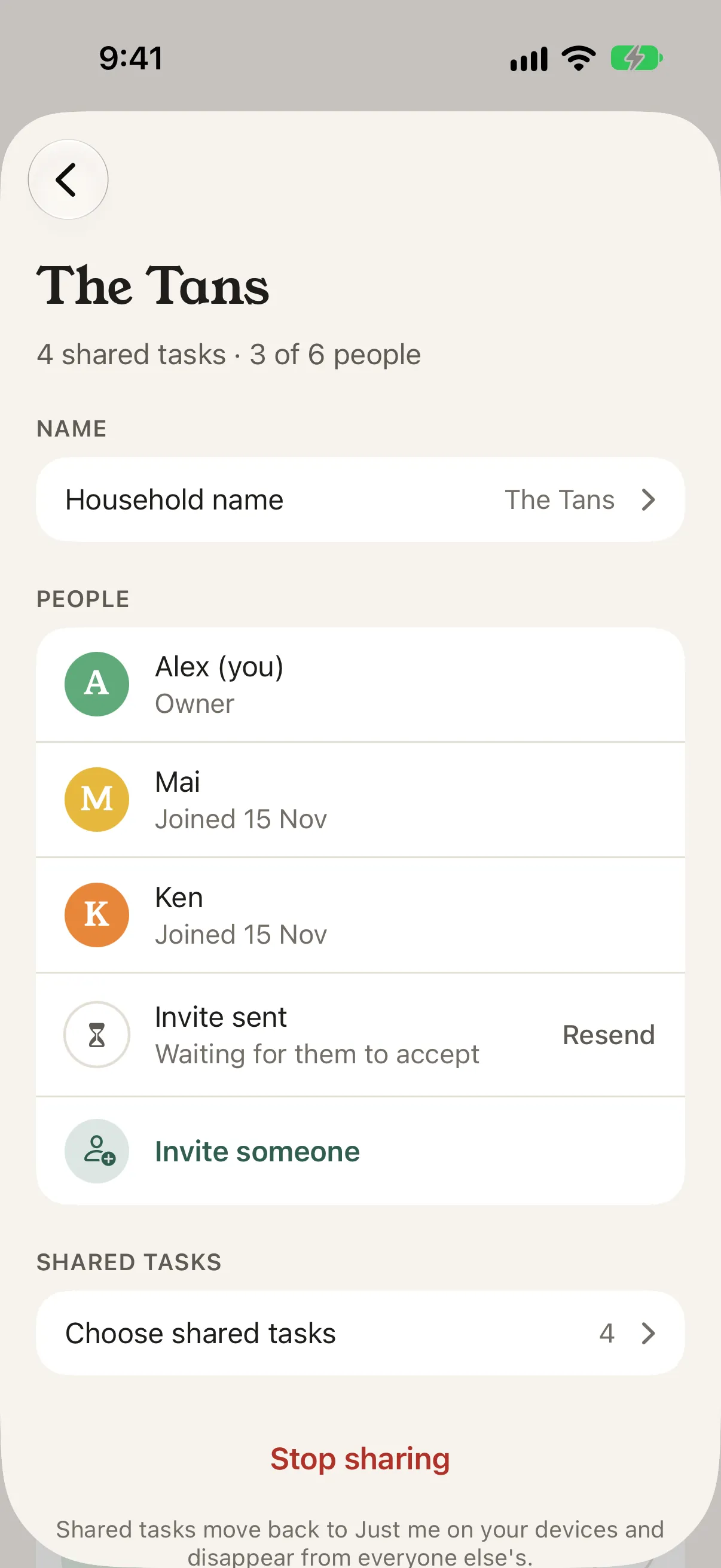 The household page for The Tans: the people in it, an invitation waiting, Invite someone, Choose shared tasks and Stop sharing