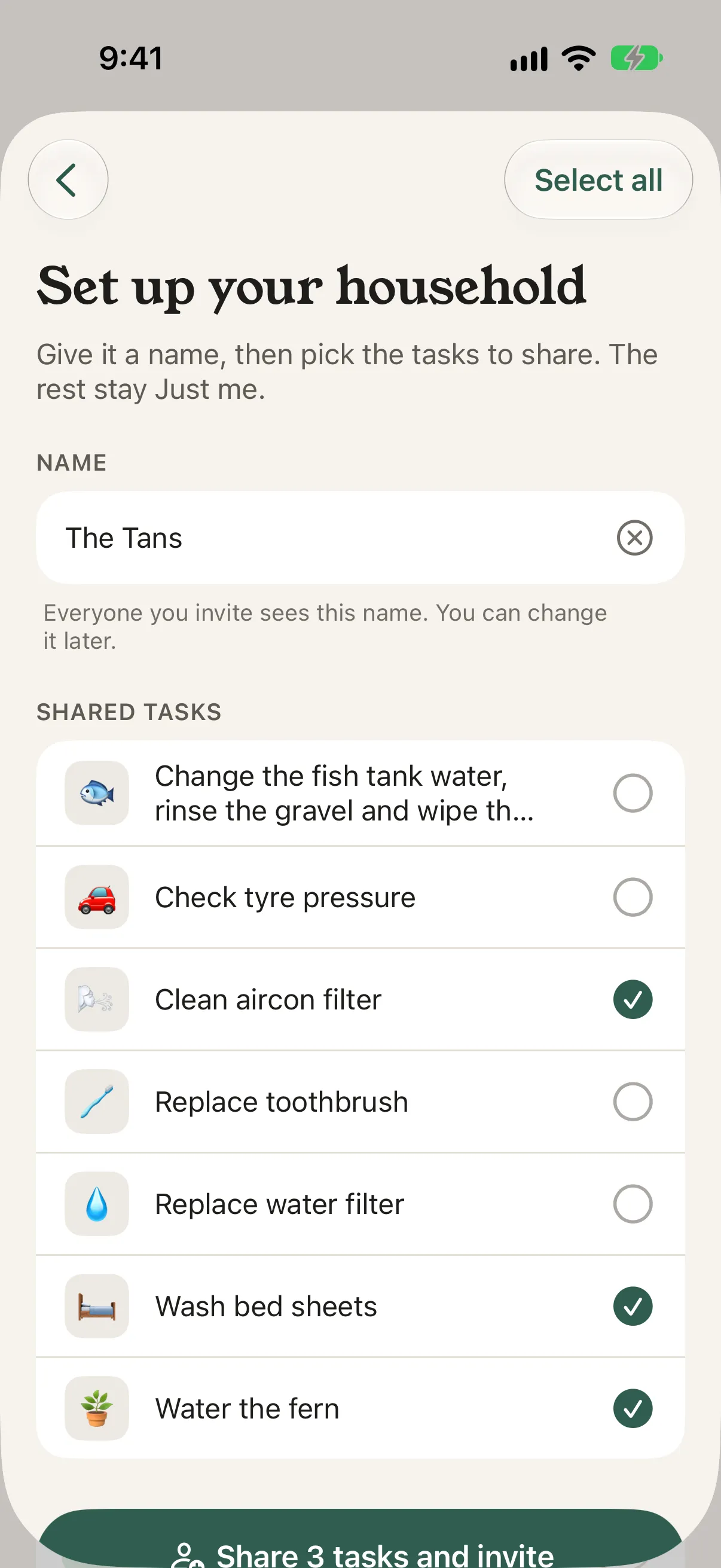 Set up your household: the name The Tans and a list of tasks to tick