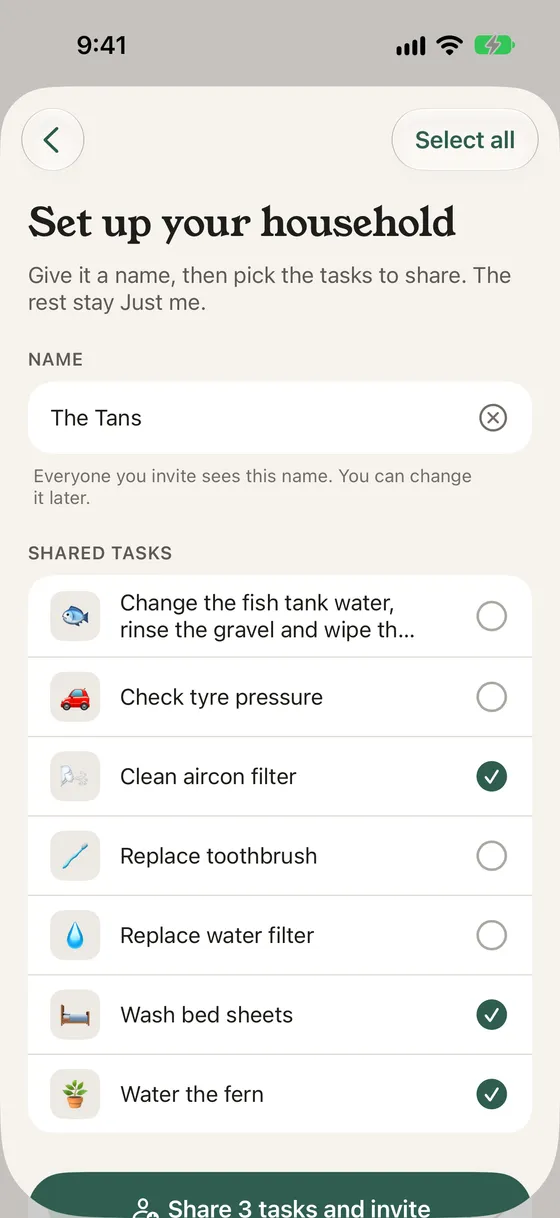 Set up your household: the name The Tans and a list of tasks to tick