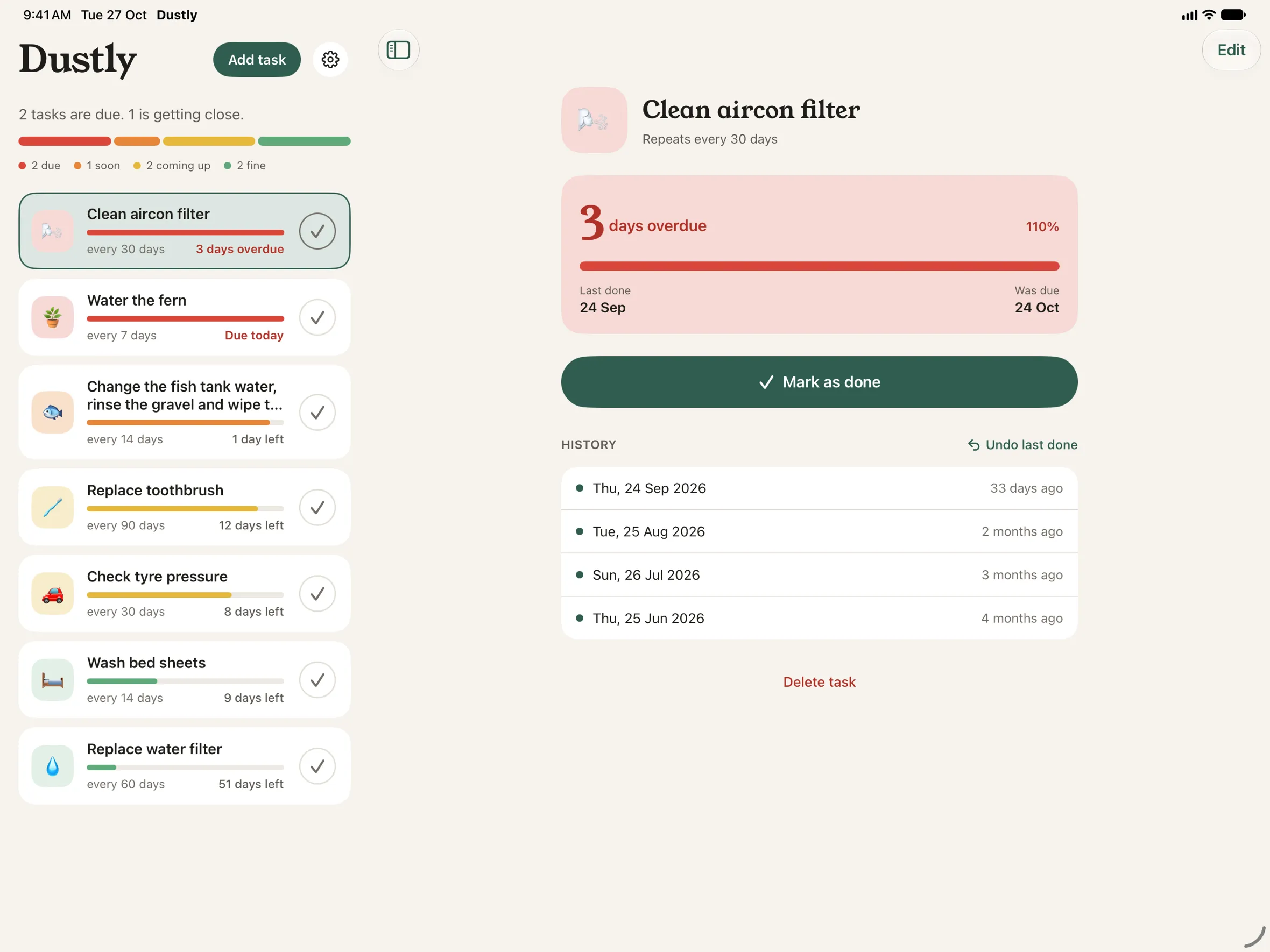 Dustly on iPad: the task list on the left and the details of Clean aircon filter on the right