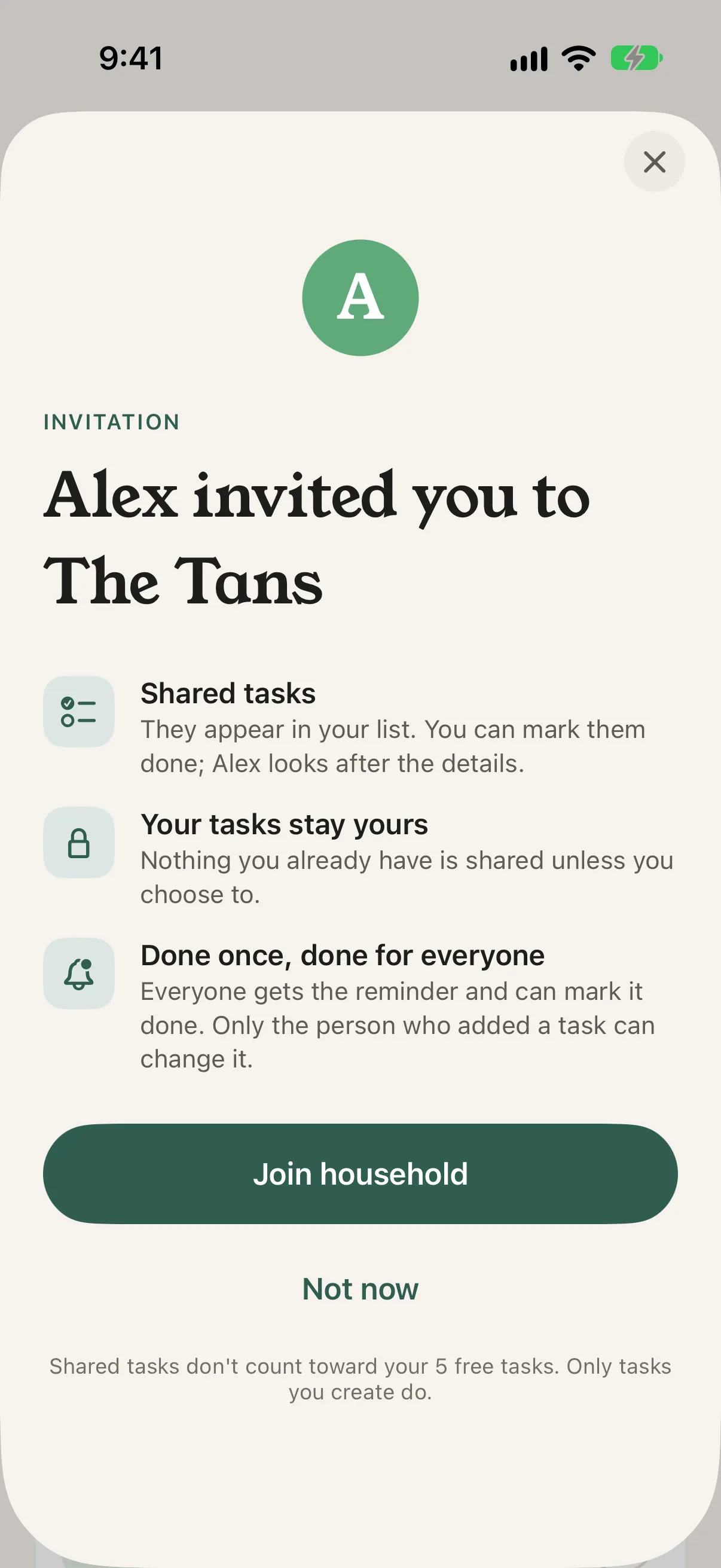 Alex invited you to The Tans, with a Join household button