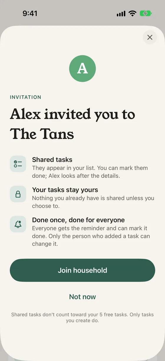 Alex invited you to The Tans, with a Join household button