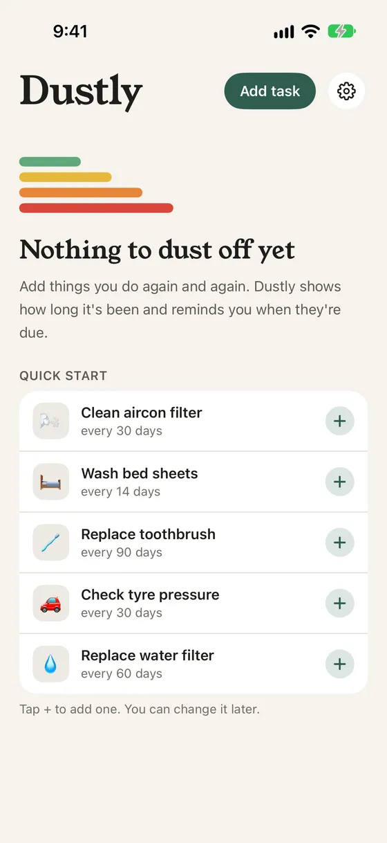 The empty list with Quick start suggestions: Clean aircon filter, Wash bed sheets, Replace toothbrush, Check tyre pressure and Replace water filter