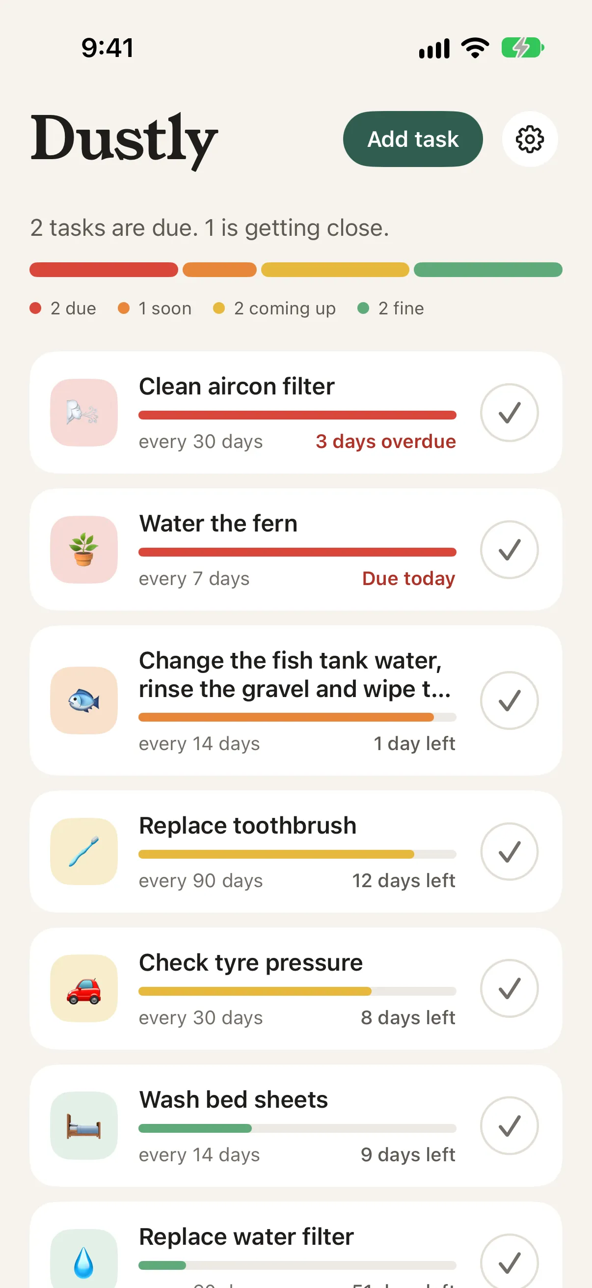 The task list: Clean aircon filter, 3 days overdue, at the top in red, then Water the fern, due today, and tasks with more time left below