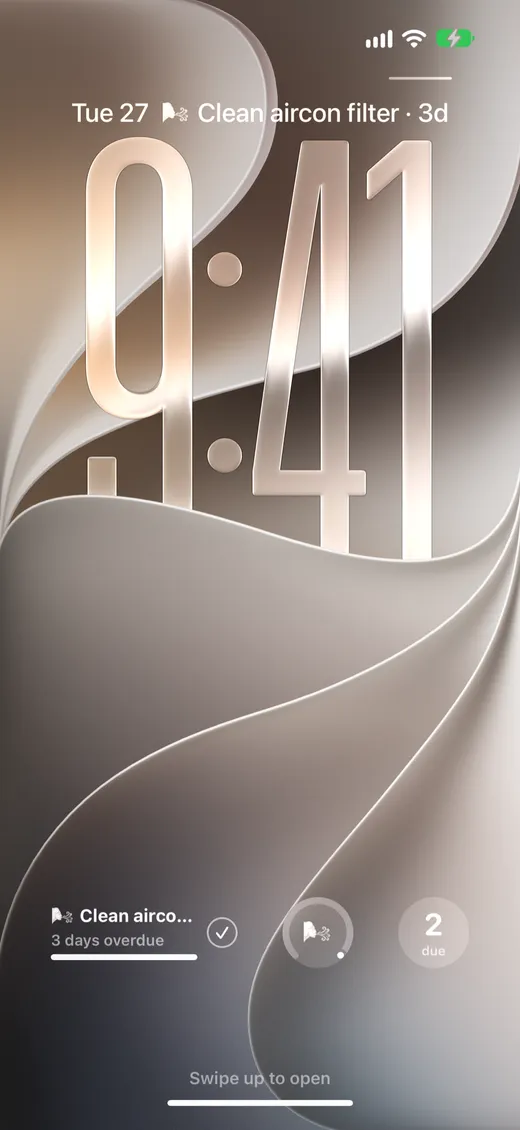 iPhone Lock Screen with Dustly widgets: the next task above the clock, and below it the next task with its progress, its color ring and the number of tasks due