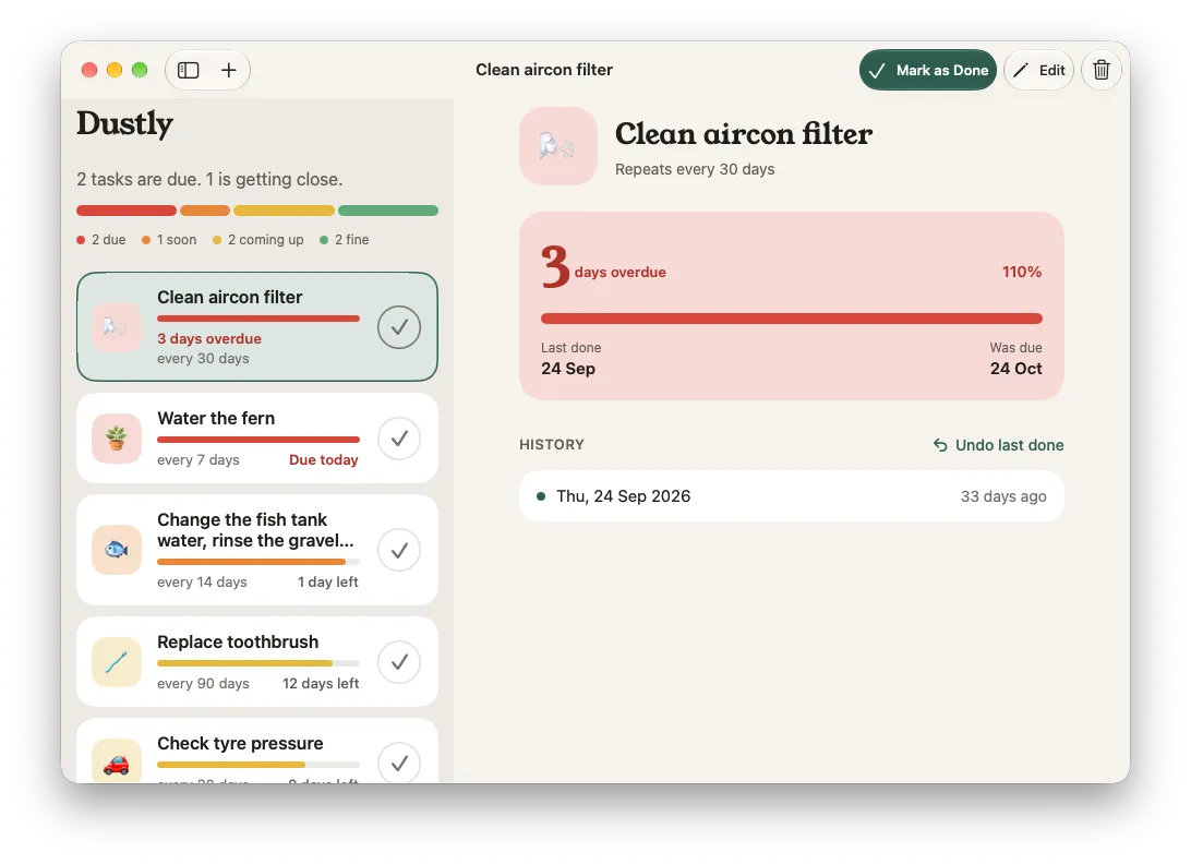 Dustly on Mac: the task list on the left, task details on the right, and Mark as Done, Edit and Delete in the toolbar