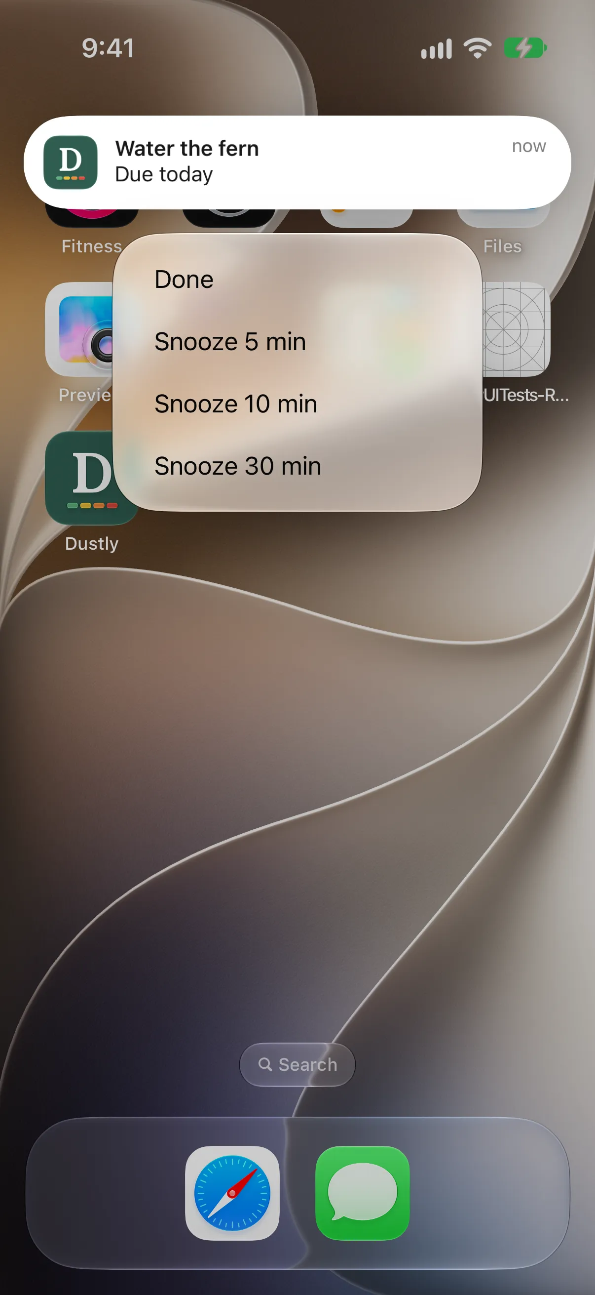 A Dustly reminder for Water the fern, Due today, with the buttons Done, Snooze 5 min, Snooze 10 min and Snooze 30 min