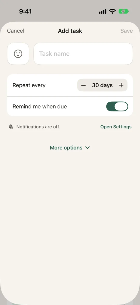 The Add task form saying Notifications are off, with an Open Settings link
