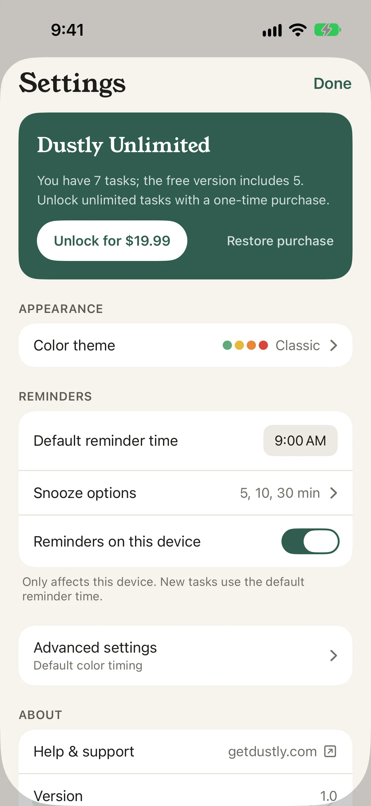 Settings on the free version: You have 7 tasks; the free version includes 5, with Unlock for $19.99 and Restore purchase