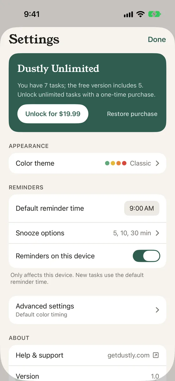 Settings on the free version: You have 7 tasks; the free version includes 5, with Unlock for $19.99 and Restore purchase