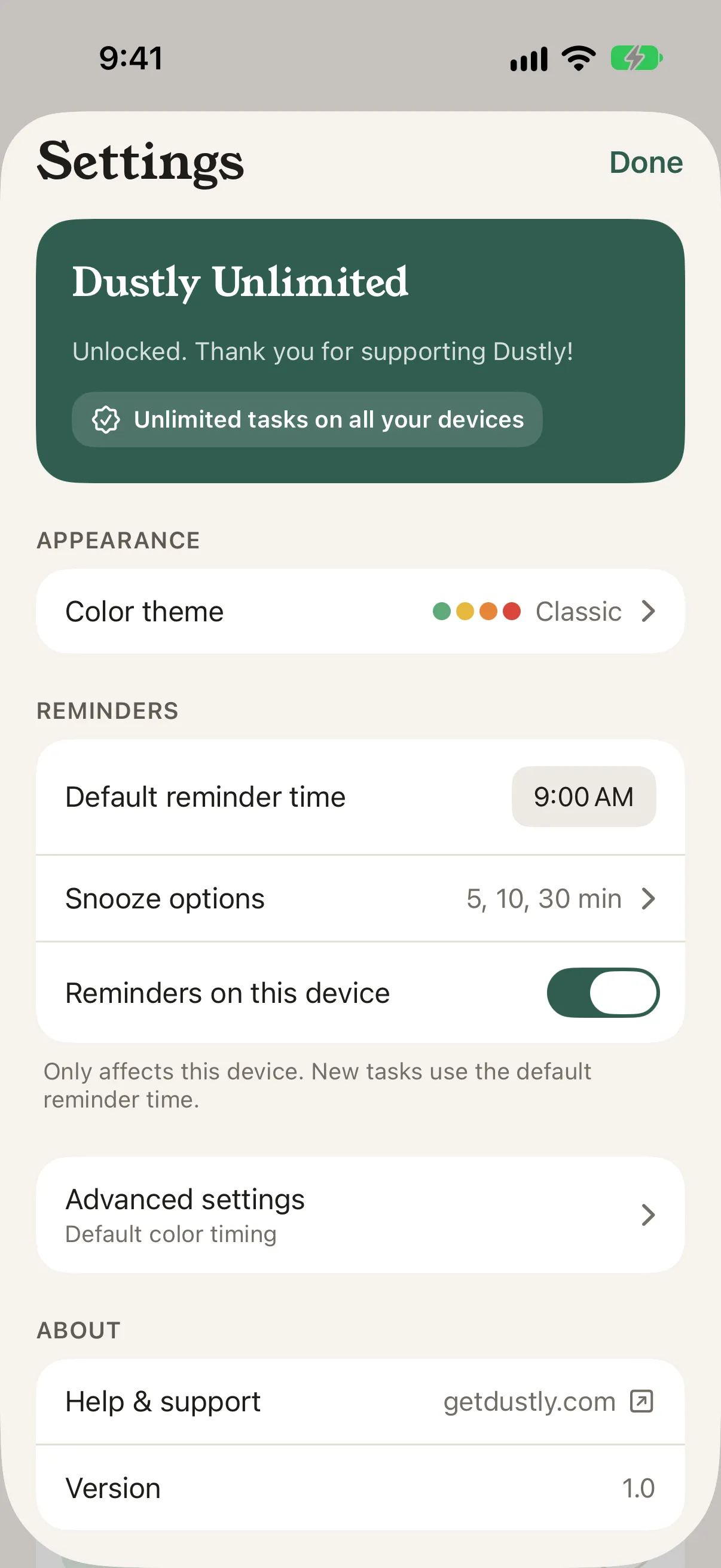 Settings with the reminder options: Default reminder time 9:00 AM, Snooze options 5, 10, 30 min, and Reminders on this device switched on