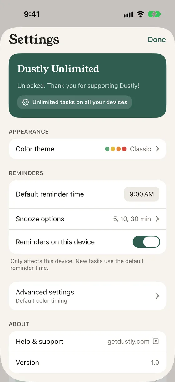 Settings with the reminder options: Default reminder time 9:00 AM, Snooze options 5, 10, 30 min, and Reminders on this device switched on