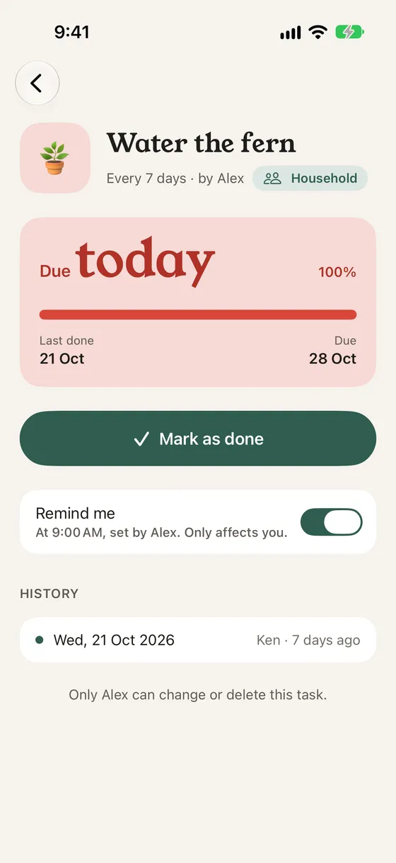 A shared task added by Alex: Every 7 days by Alex, a Remind me switch, Ken in the history, and the note Only Alex can change or delete this task