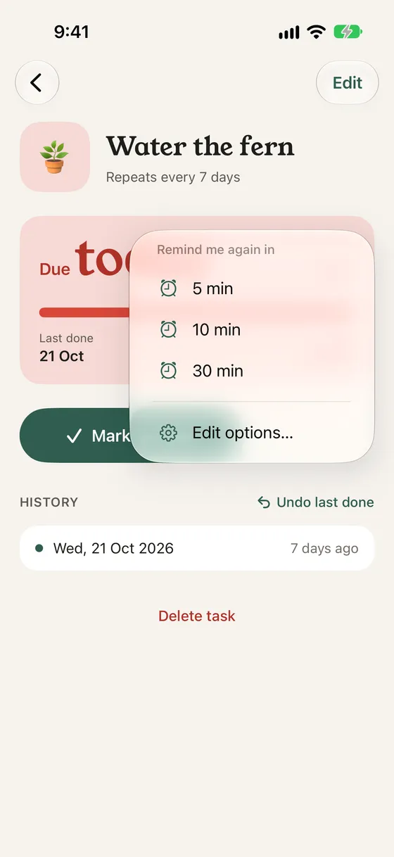 The Snooze menu on a task that is due today: Remind me again in 5 min, 10 min or 30 min, and Edit options