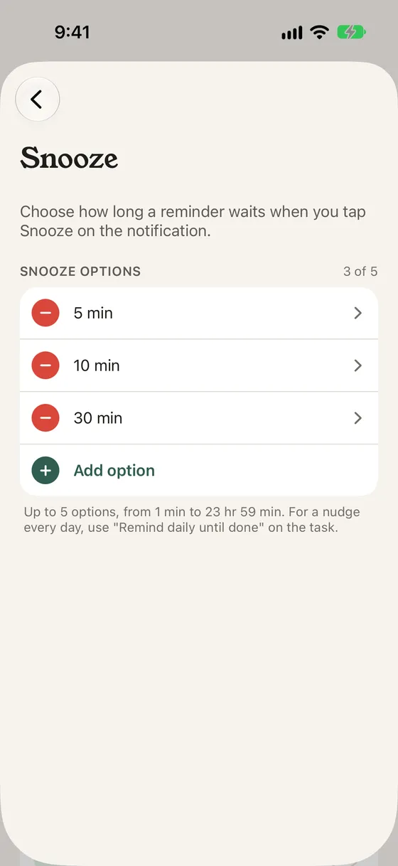 The Snooze options screen with 5 min, 10 min and 30 min, and a button to add an option