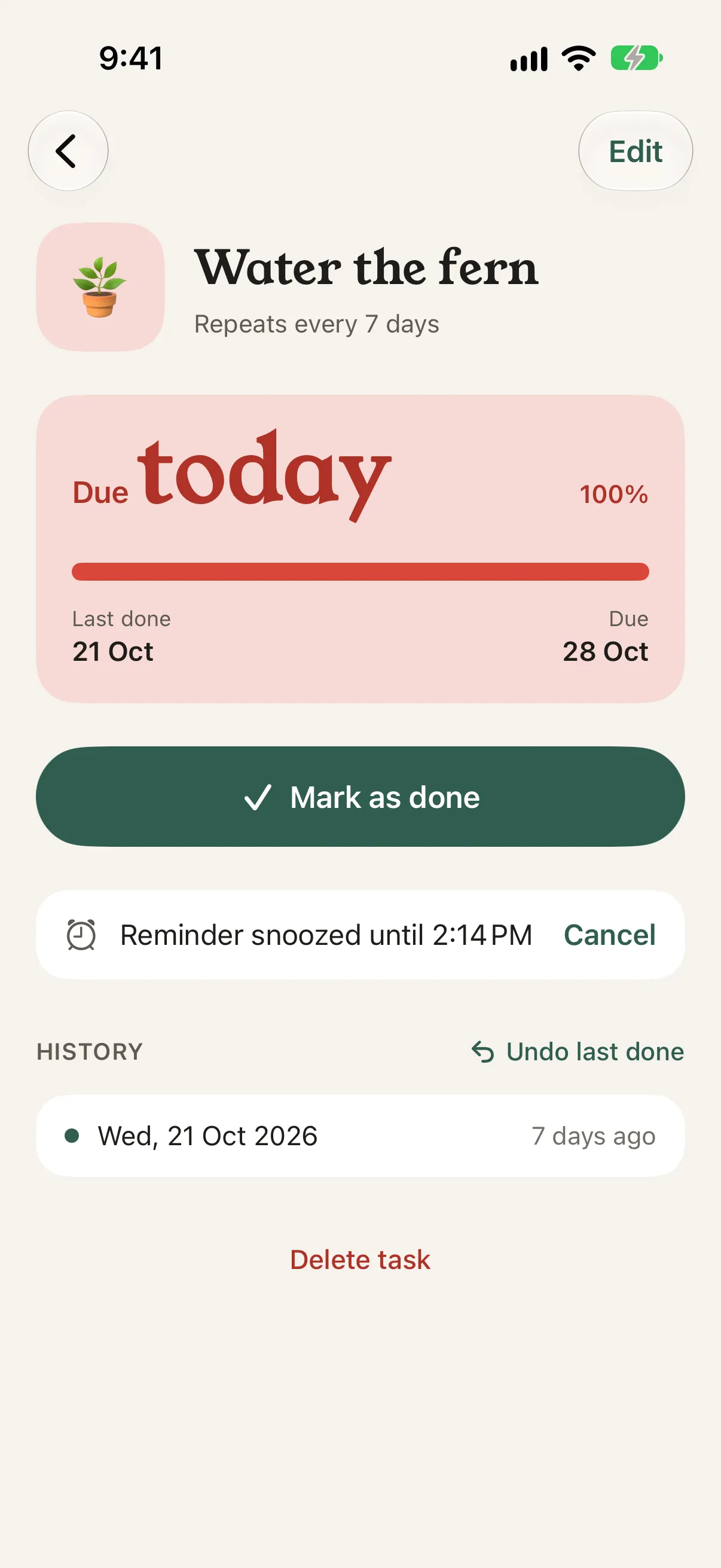 Water the fern, due today, with the note Reminder snoozed until 2:14 PM and a Cancel button under Mark as done