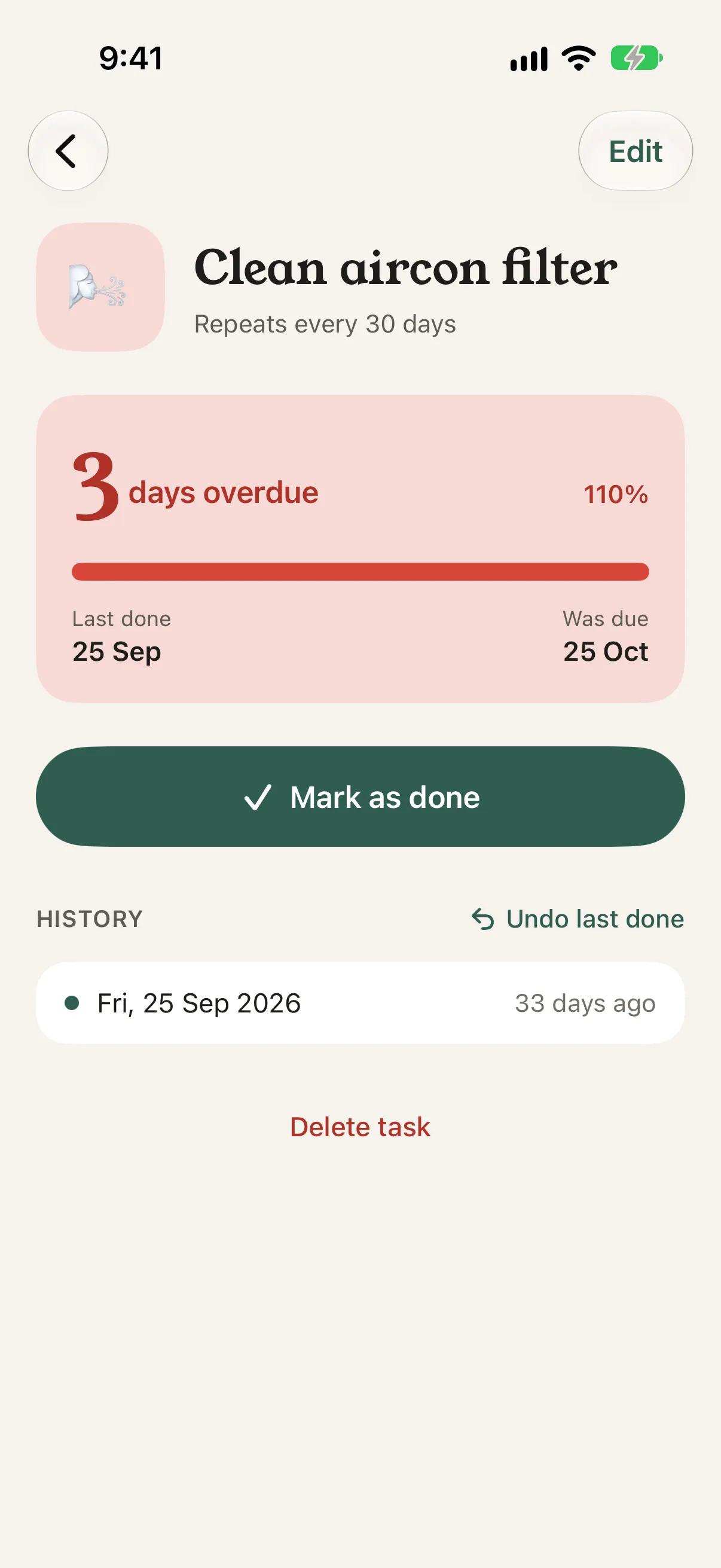 Task details for Clean aircon filter: 3 days overdue, last done 25 Sep, was due 25 Oct, a Mark as done button and the history