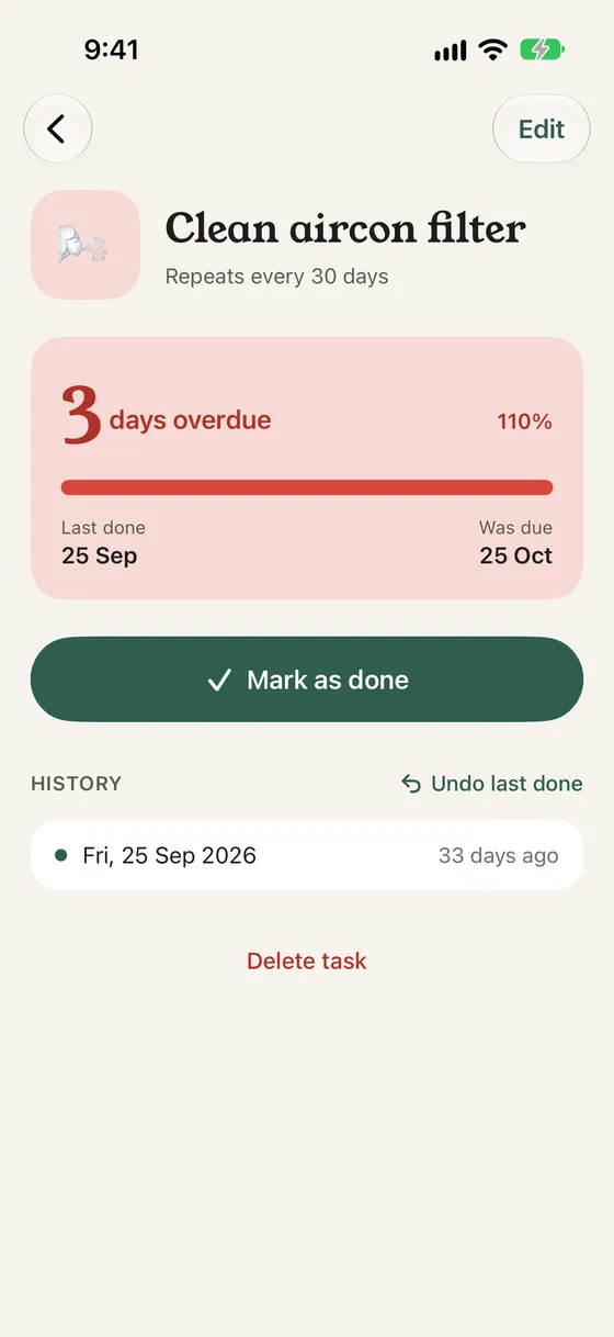 Task details for Clean aircon filter: 3 days overdue, last done 25 Sep, was due 25 Oct, a Mark as done button and the history