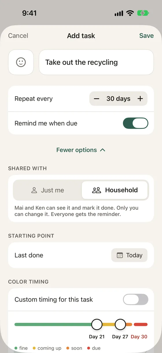 The Add task form with Shared with set to Household