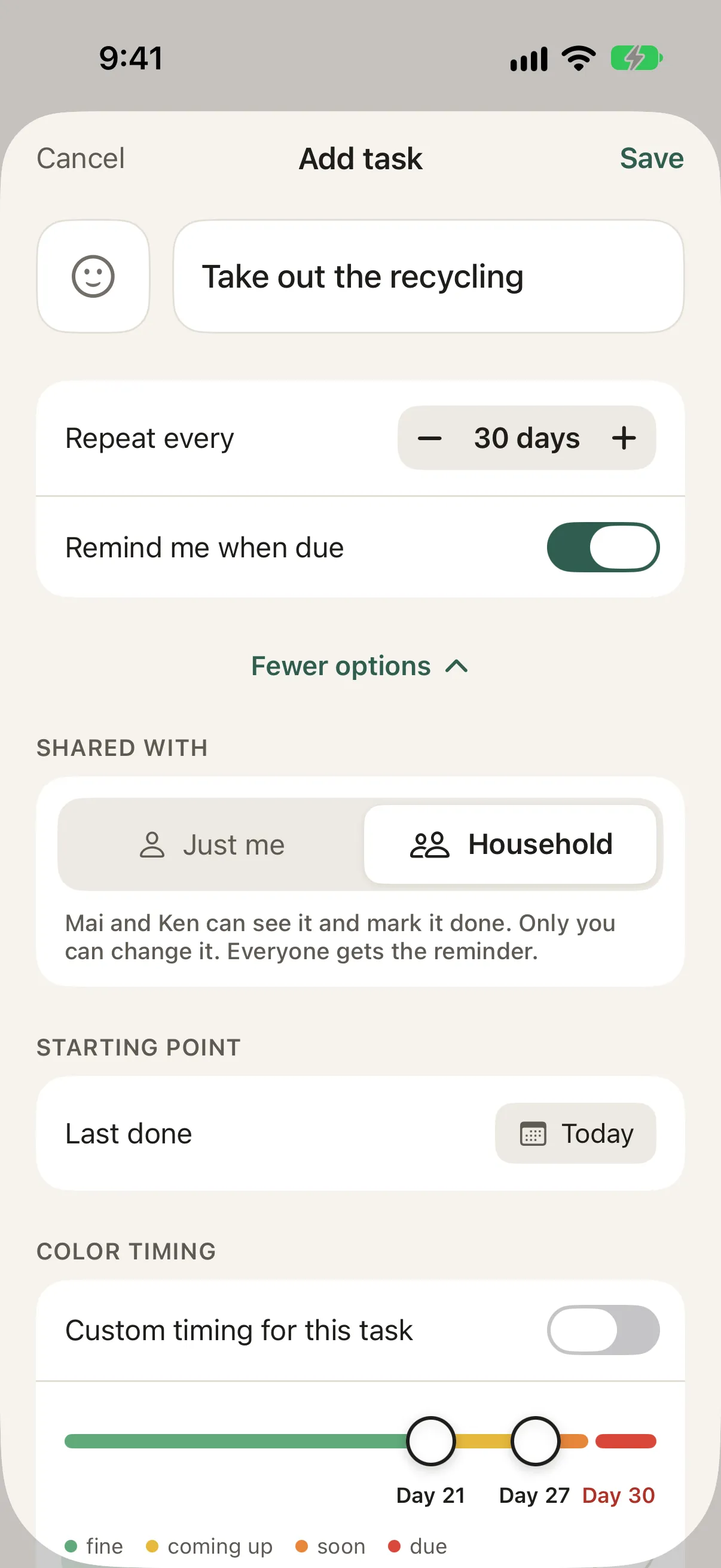 The Add task form with Shared with set to Household