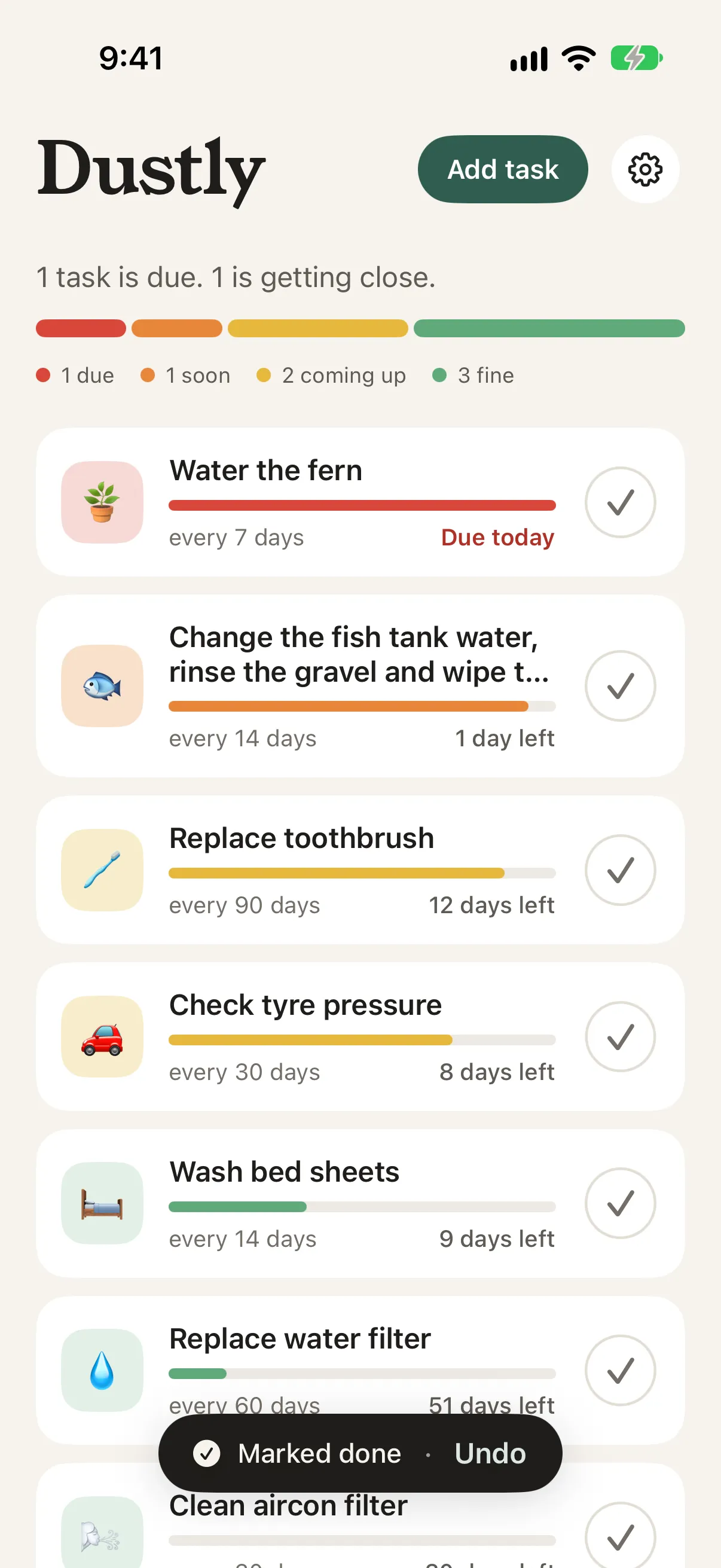 The list right after marking Clean aircon filter done: the task is back to green at the bottom, and a Marked done message with an Undo button shows