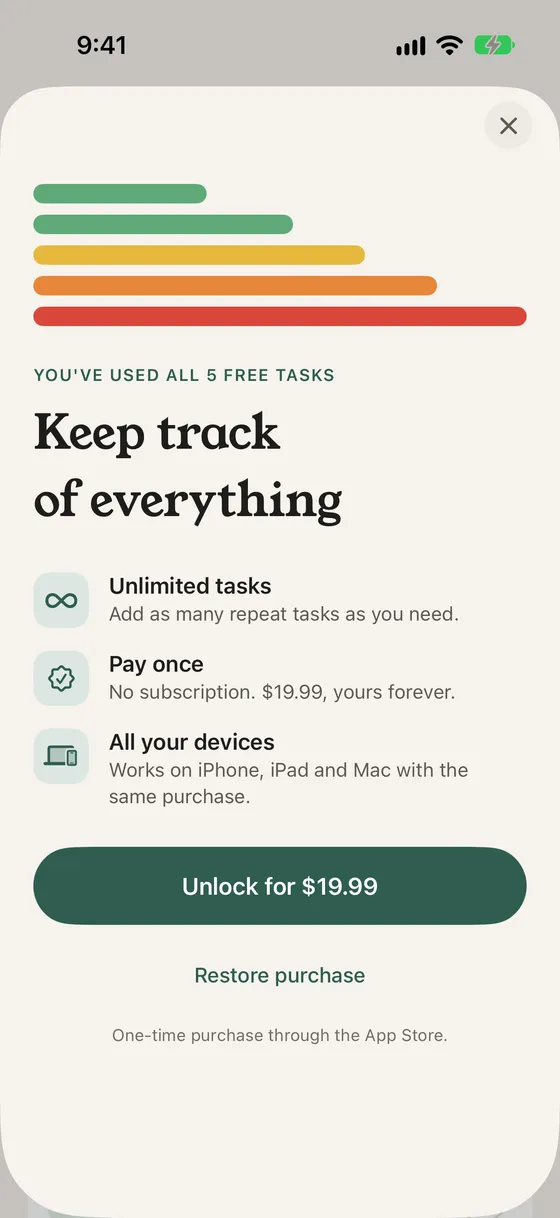The unlock screen: Keep track of everything, with unlimited tasks, pay once and all your devices